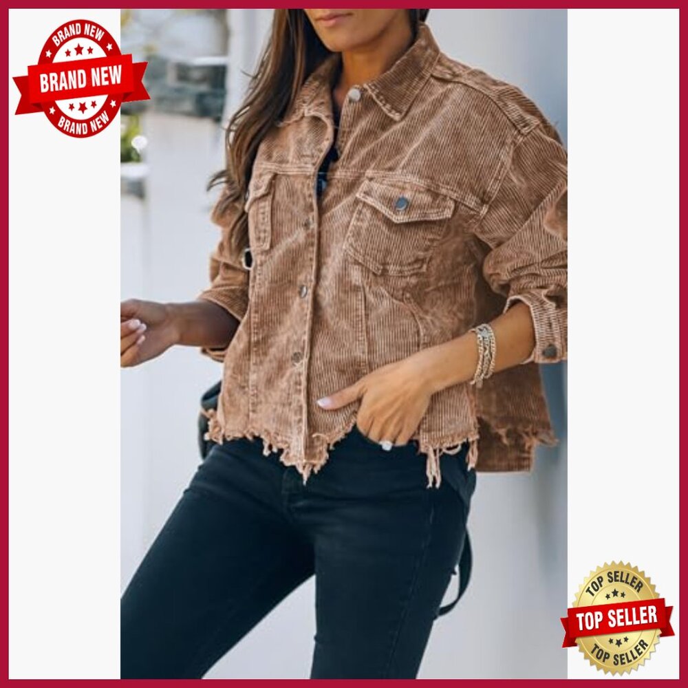 Cropped Corduroy Jacket Oversized Shacket Fringe Hem Casual Button Down - Picture 5 of 7